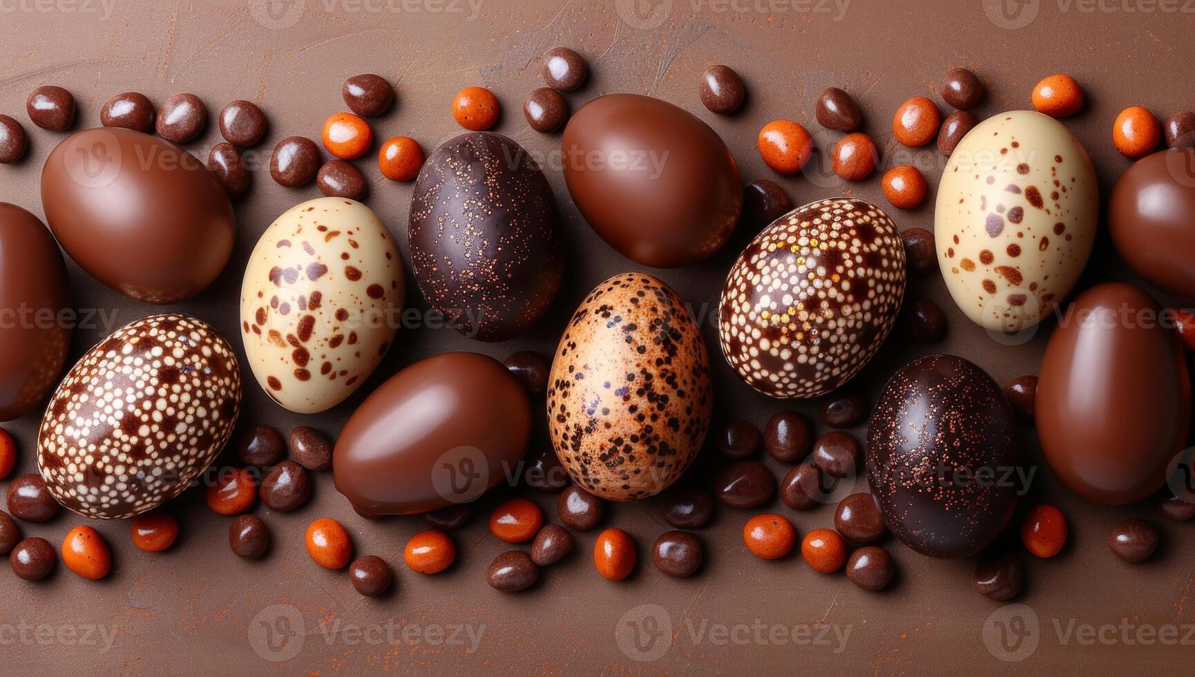 AI generated Chocolate Easter eggs and candies on brown background, top view photo