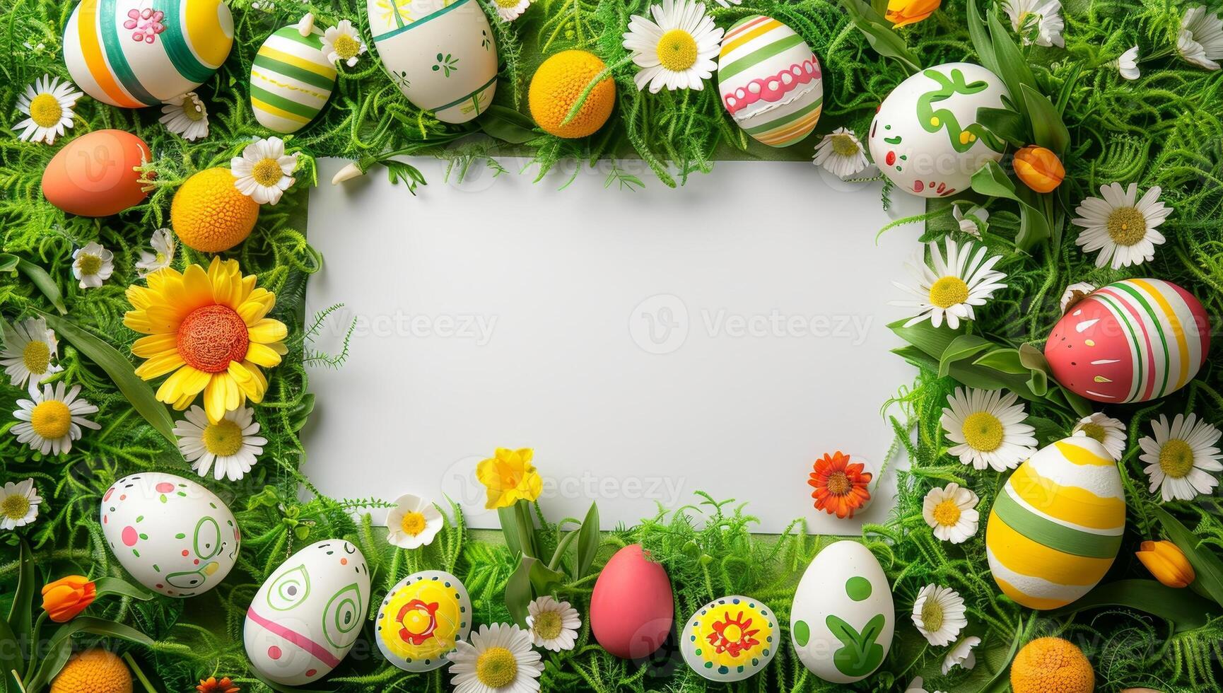 AI generated Easter eggs and flowers on green grass background. Easter frame with colorful eggs, daisies, and tulips. Copy space for text. photo