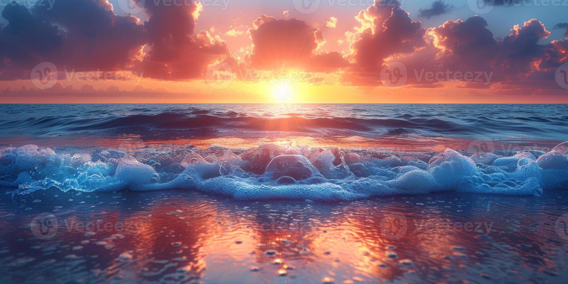 AI generated Sunrise illuminates waves crashing on a serene sea shore photo