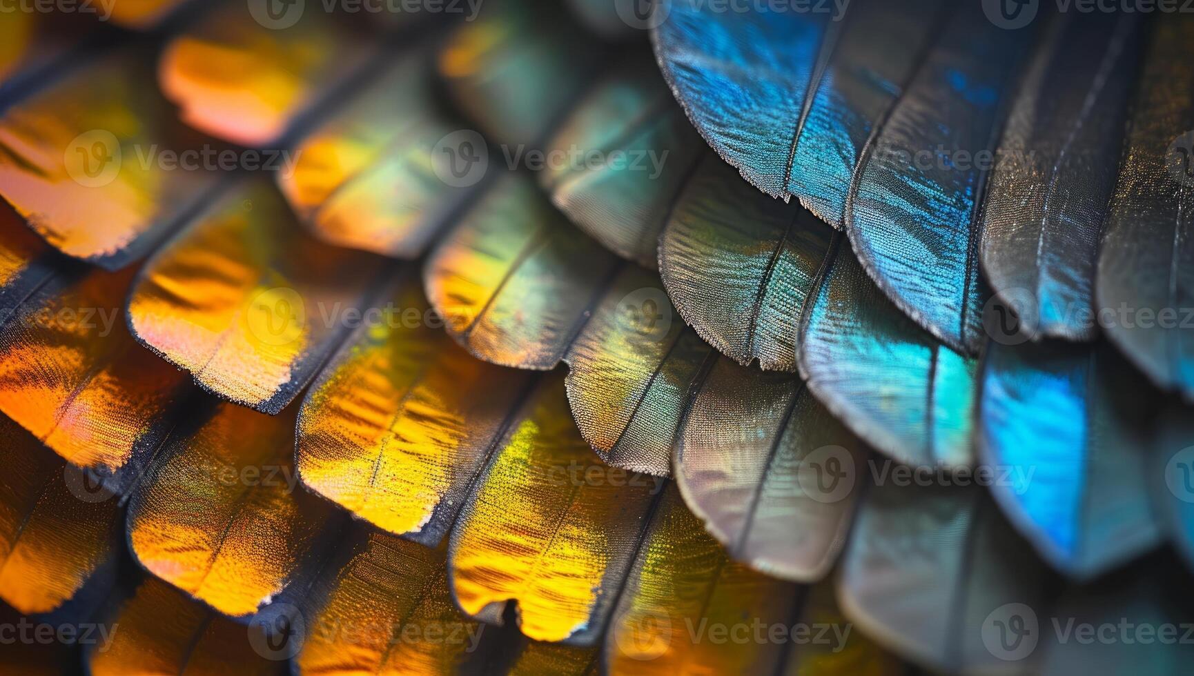 AI generated Vibrant multicolored bird feathers macro abstract pattern. Exotic feather textures with iridescent blue, orange, and yellow hues. Natures artistic palette. photo