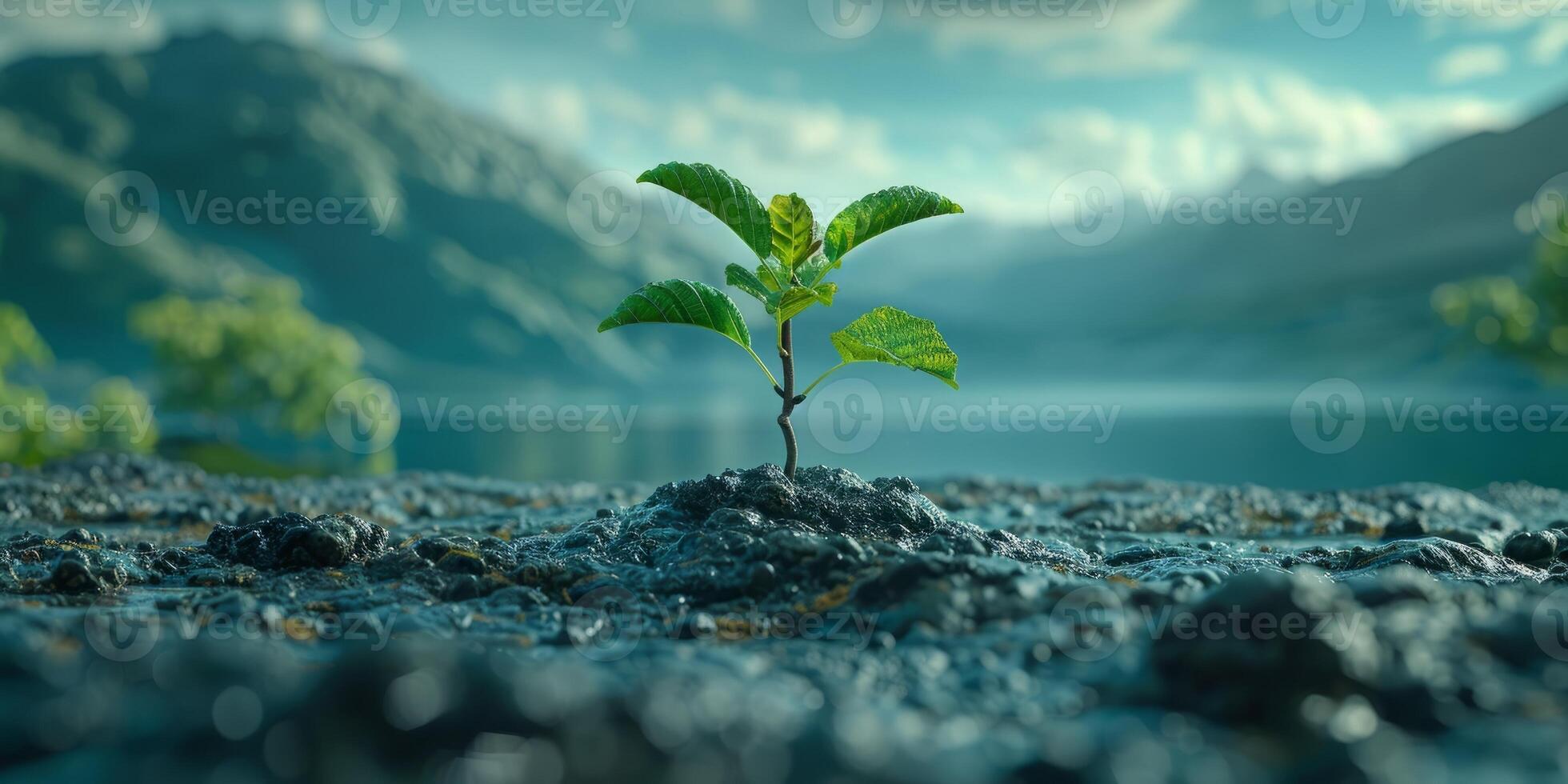 AI generated Vibrant green seedling sprouting from rocky ground against majestic mountain landscape. Concept of growth, resilience, and environmental renewal. photo