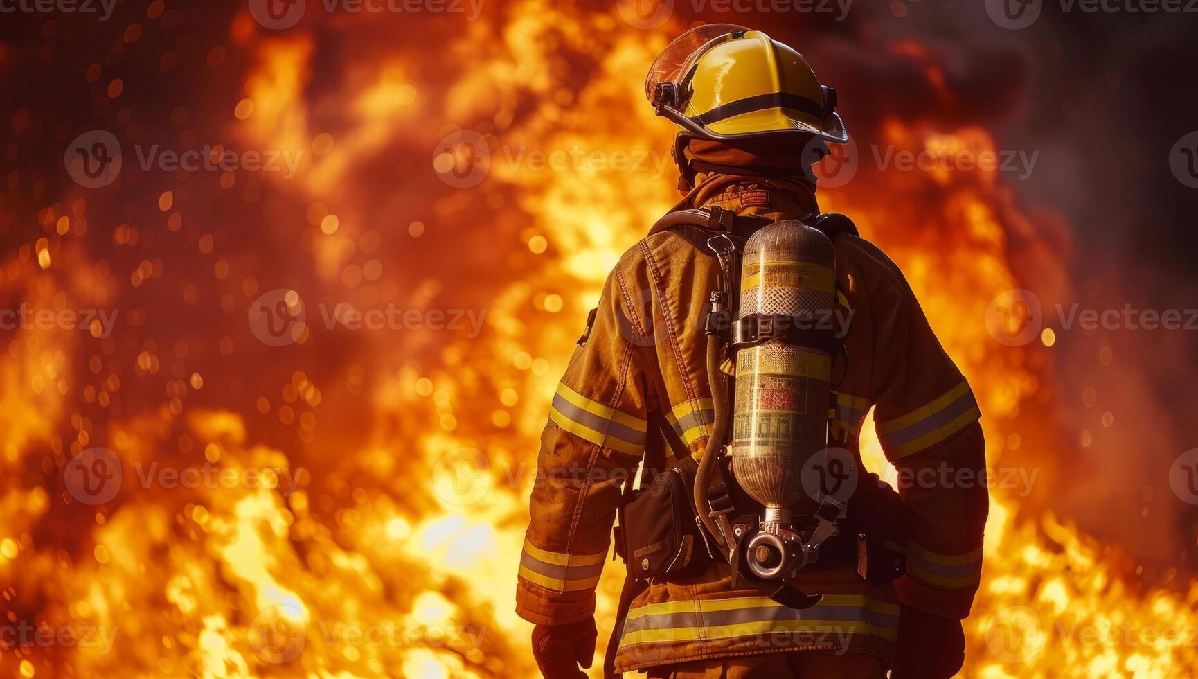 AI generated Firefighter battling intense blaze, heroic efforts to control raging inferno. Bravery and dedication of first responders in action against dangerous fire emergency photo