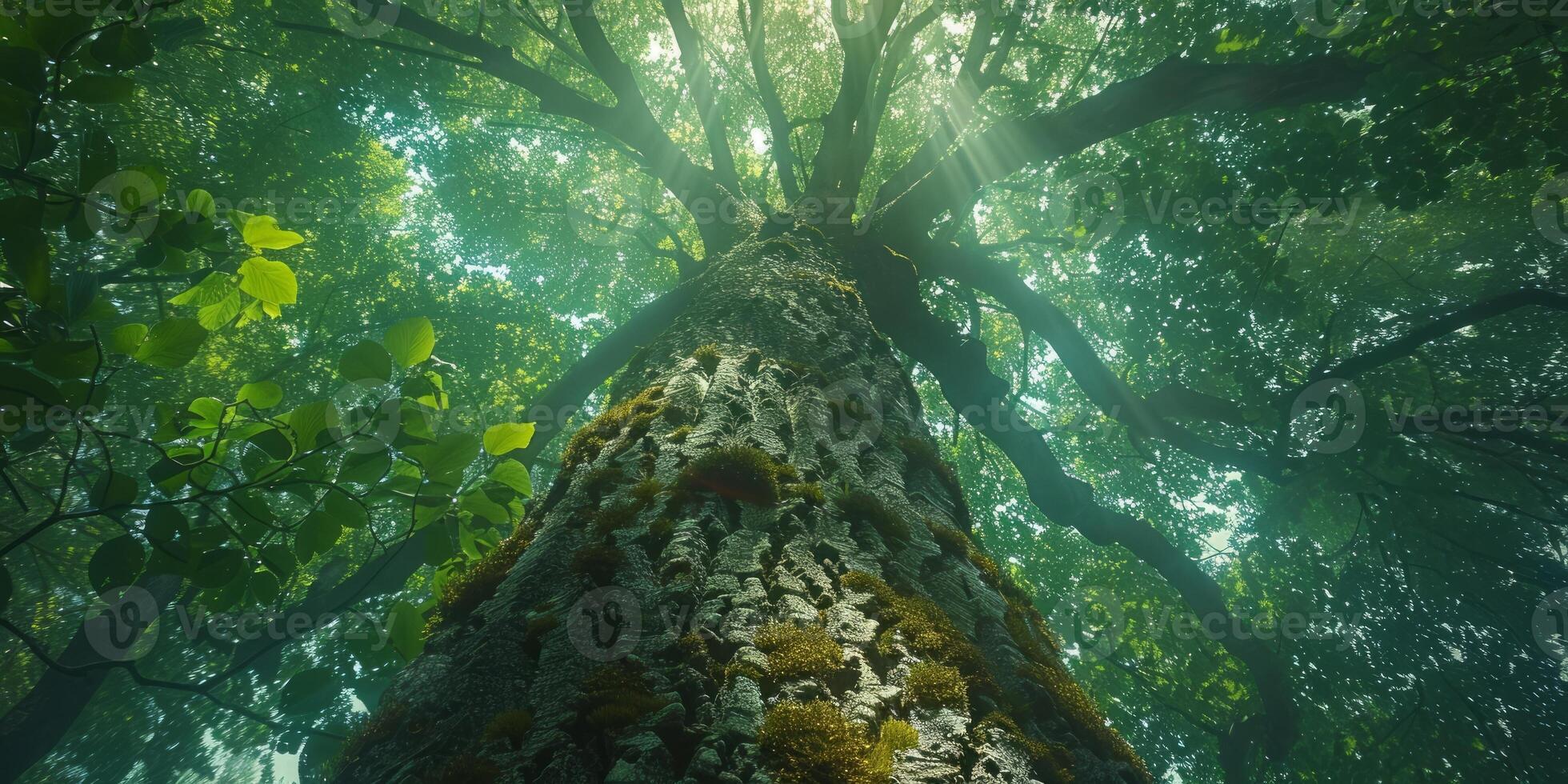 AI generated Old big tree in the forest with sunbeams through the branches photo