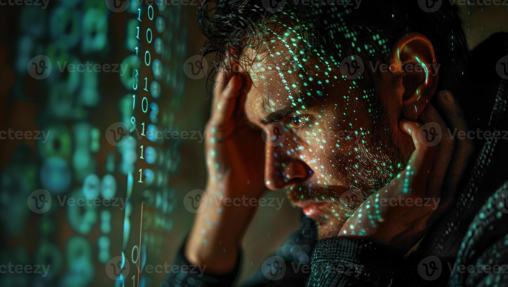 AI generated Stressed man with binary code on his head. Cybercrime concept. photo