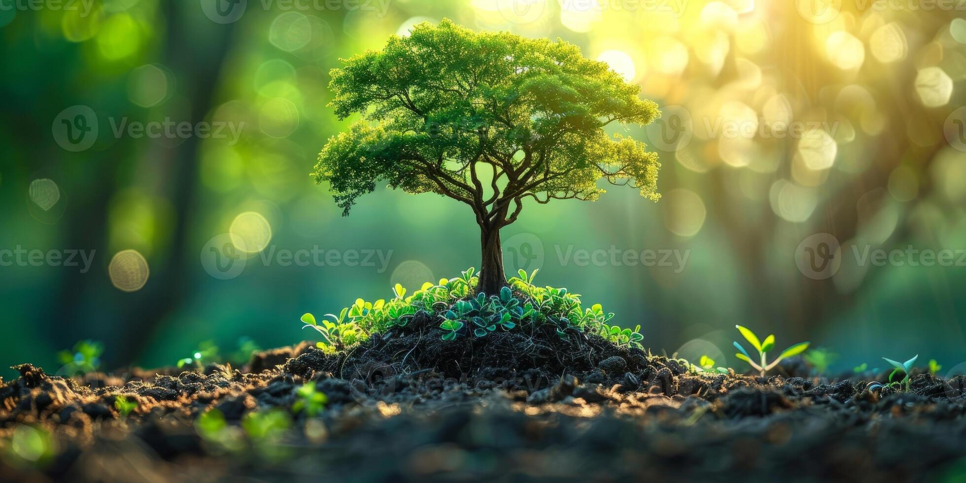 AI generated Vibrant nature scene with miniature tree growing on forest floor. Concept of environmental conservation, sustainable growth, and ecological balance. photo