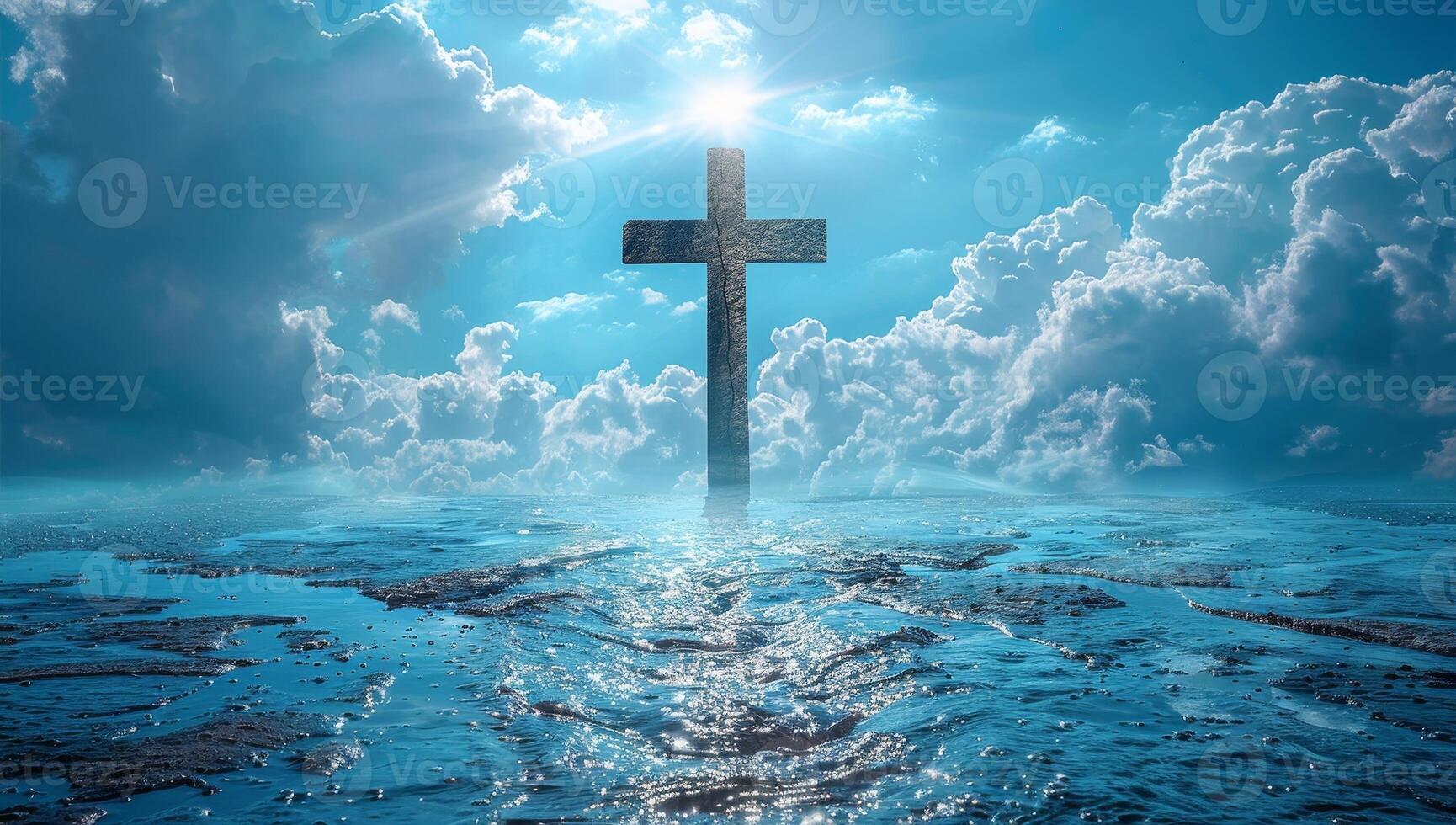 AI generated The cross of Jesus Christ stands tall and majestic over a vast body of water, with a bright light shining down from above. photo