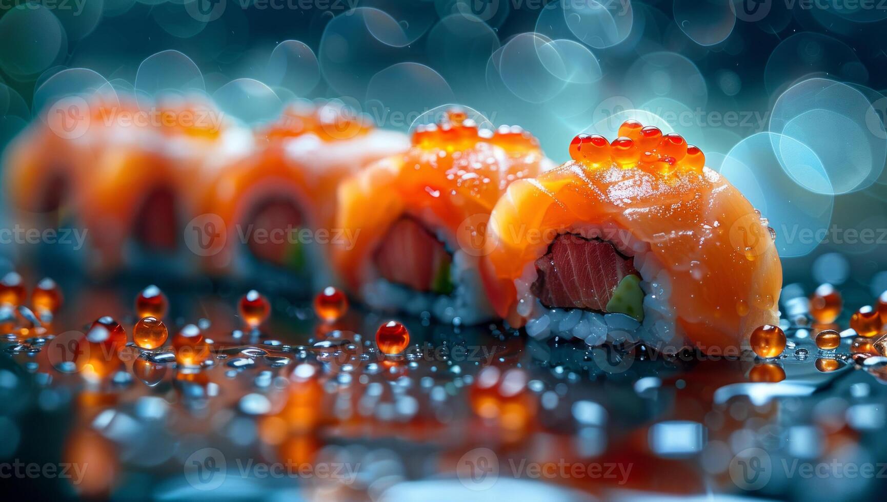 AI generated Sushi roll with salmon and caviar on a dark background. photo