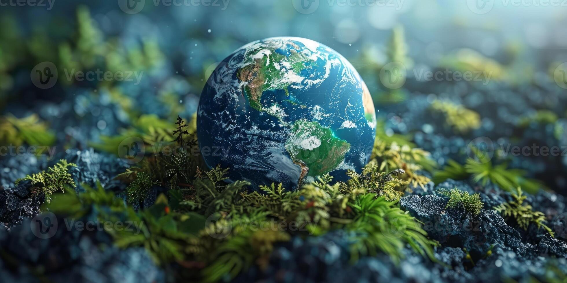 AI generated Earth globe on moss in forest, environmental conservation concept. Fragile planet in nature, protecting ecology and sustainable future. photo