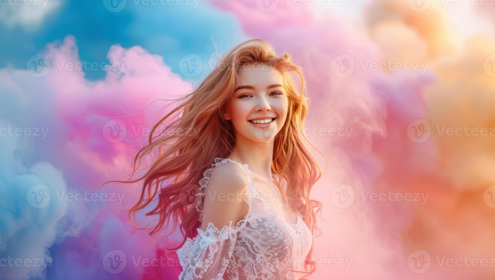 AI generated Portrait of a beautiful young woman with long curly hair in a white lace dress on a background of colored clouds photo