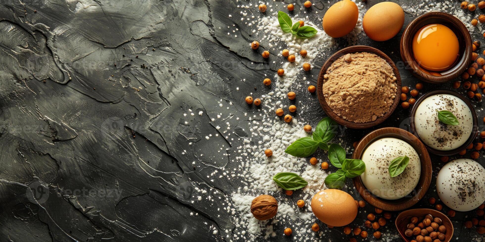 AI generated Ingredients for cooking tiramisu on grey background, top view. Space for text photo