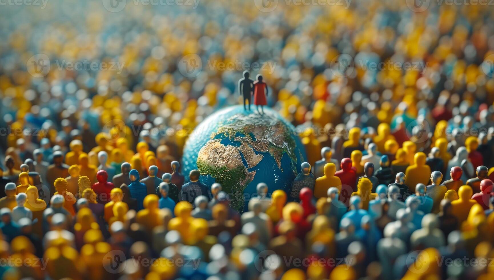 AI generated Diverse miniature people encircle a detailed globe photo