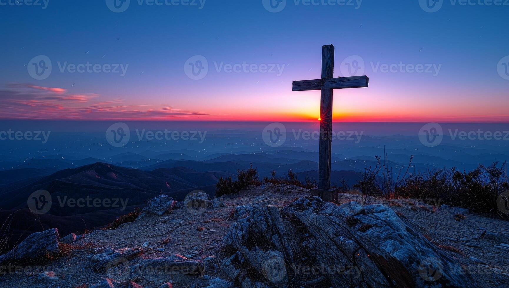 AI generated cross on the top of the mountain at sunrise with a beautiful sky photo