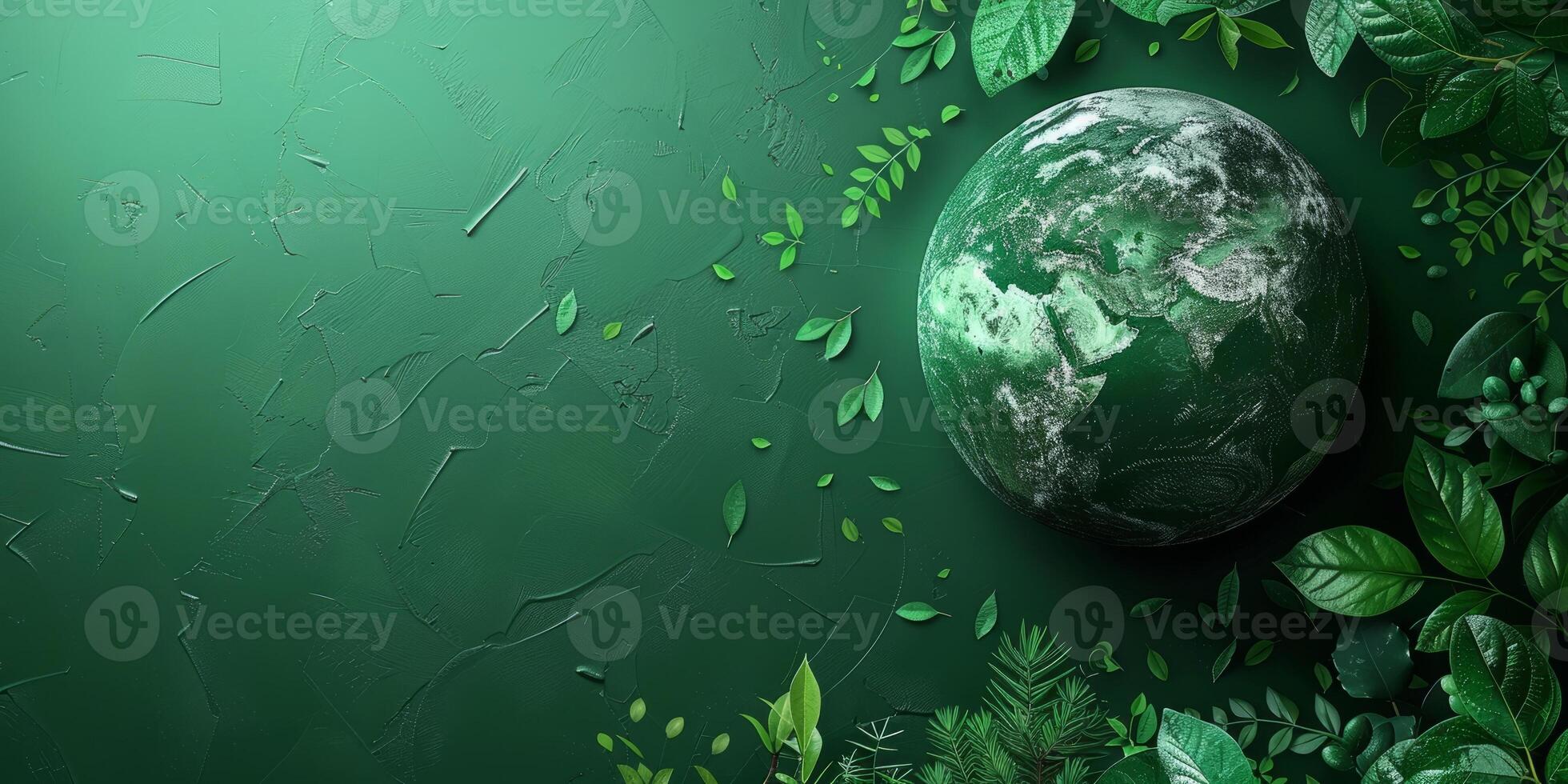 AI generated Planet Earth surrounded by lush green leaves and raindrops. Environmental and nature conservation concept. photo