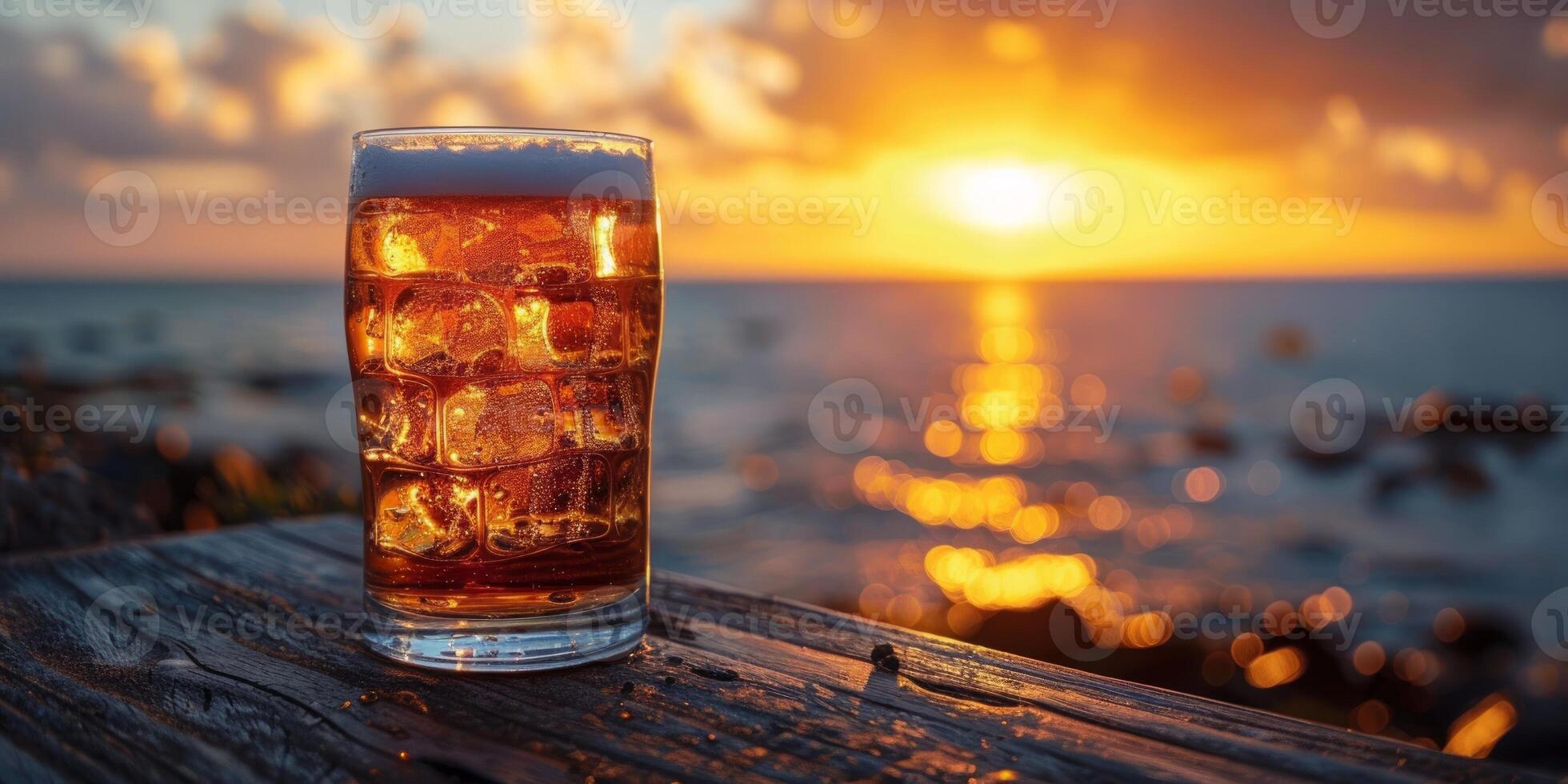 AI generated Glass of cola with ice cubes on the beach at sunset. photo