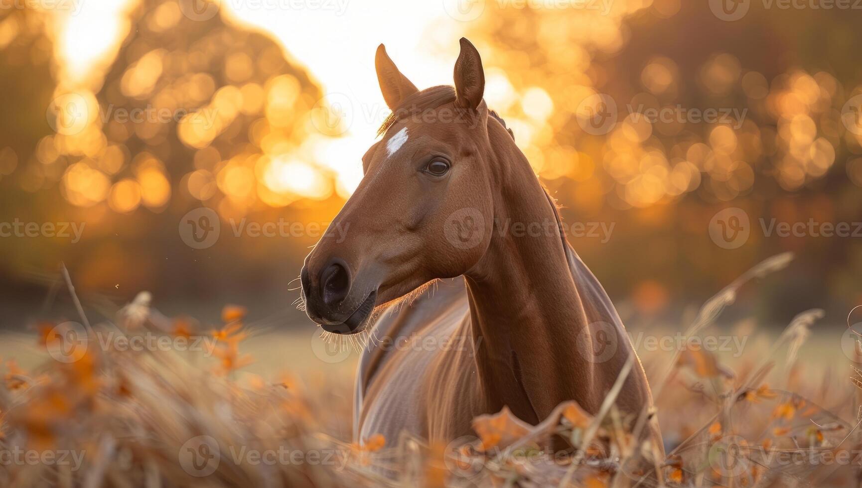 AI generated Majestic horse portrait in golden autumn field at sunset. Equine beauty and freedom concept in nature landscape photo