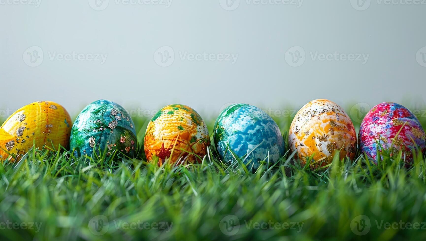 AI generated Colorful easter eggs on green grass background with copy space. photo