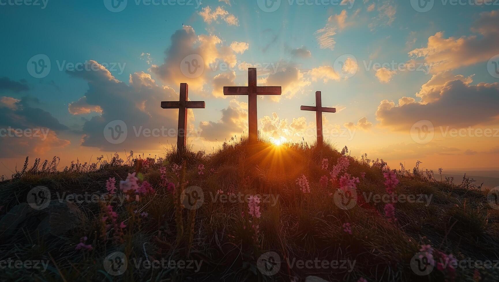 AI generated Crosses on the hill with sunset in the background. 3d rendering photo