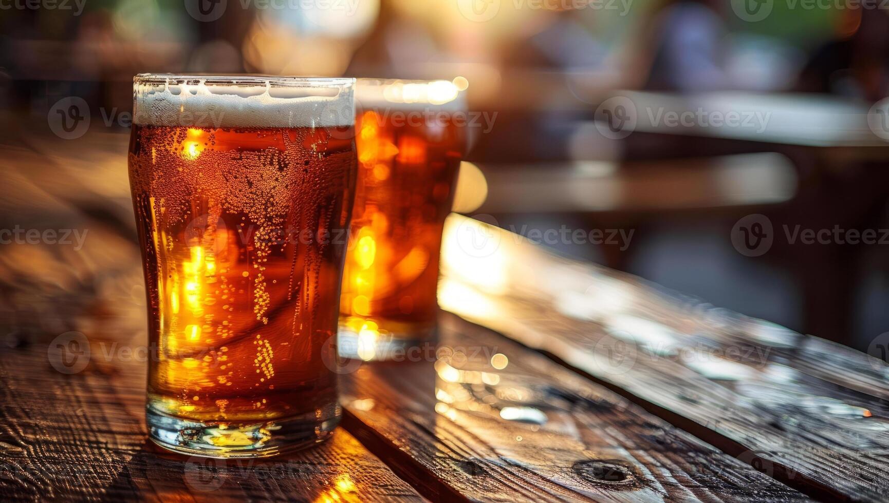 ai generado dos lentes de frío arte cerveza en rústico de madera mesa en pub o bar. refrescante ámbar cerveza inglesa o lager en medio litro anteojos, Perfecto para relajarse después trabajo o en fin de semana foto