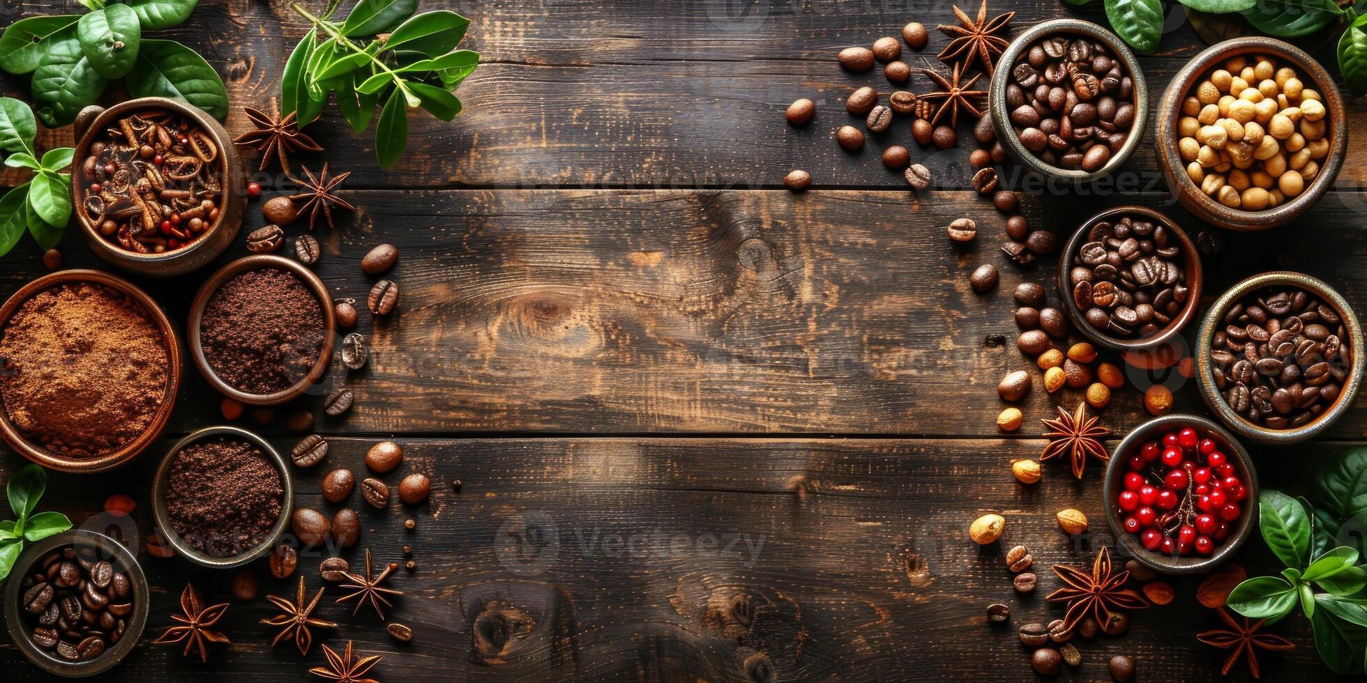 AI generated Coffee beans, spices and herbs on dark wooden background. Top view with copy space photo