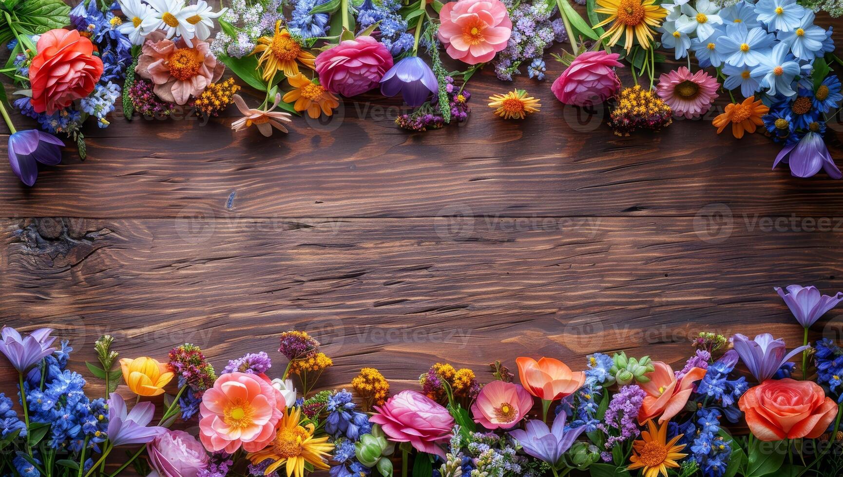 AI generated Colorful spring flowers on wooden background. Top view with copy space photo