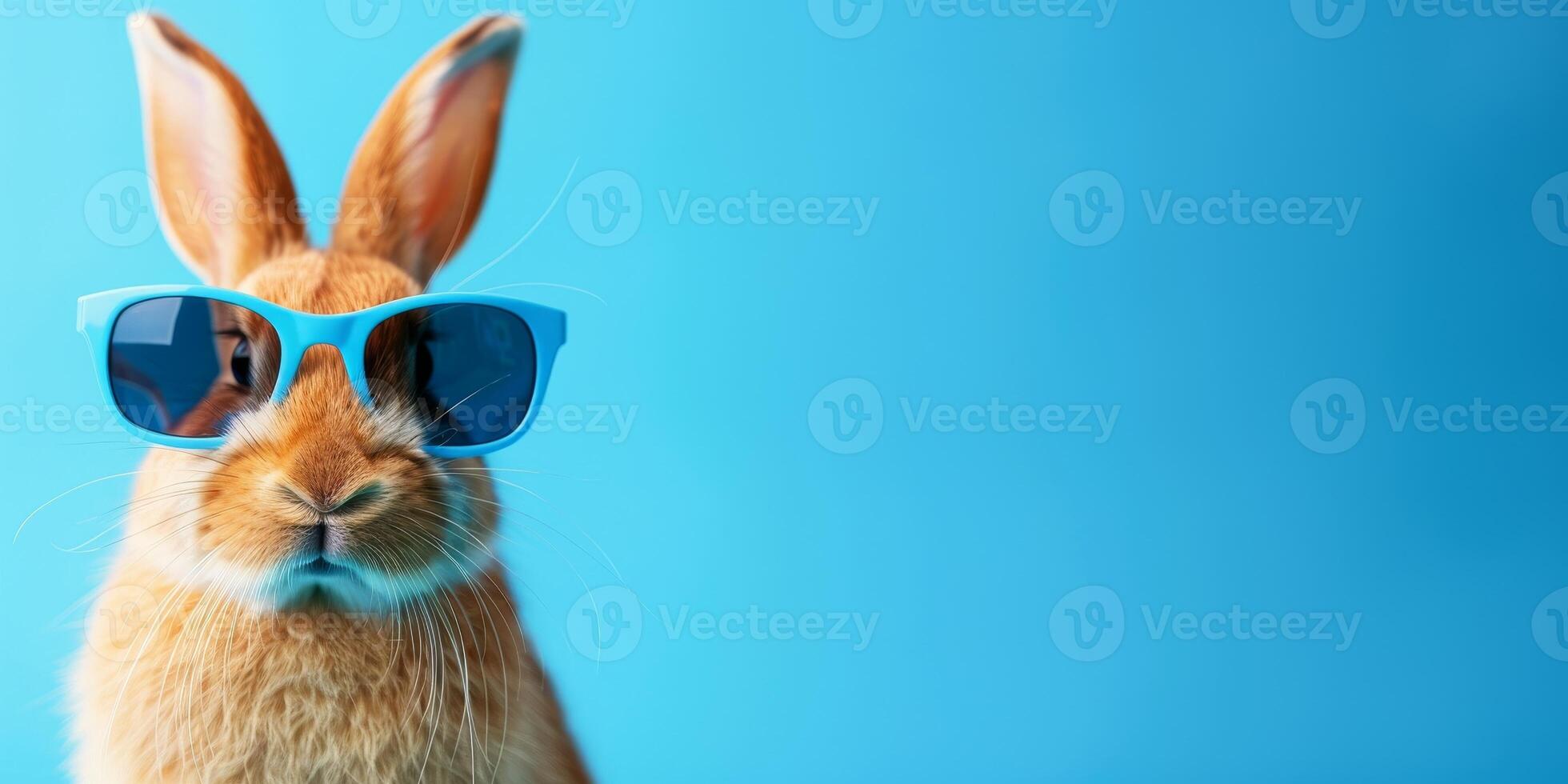 ai generado linda gracioso conejito vistiendo Gafas de sol en color antecedentes. espacio para texto foto