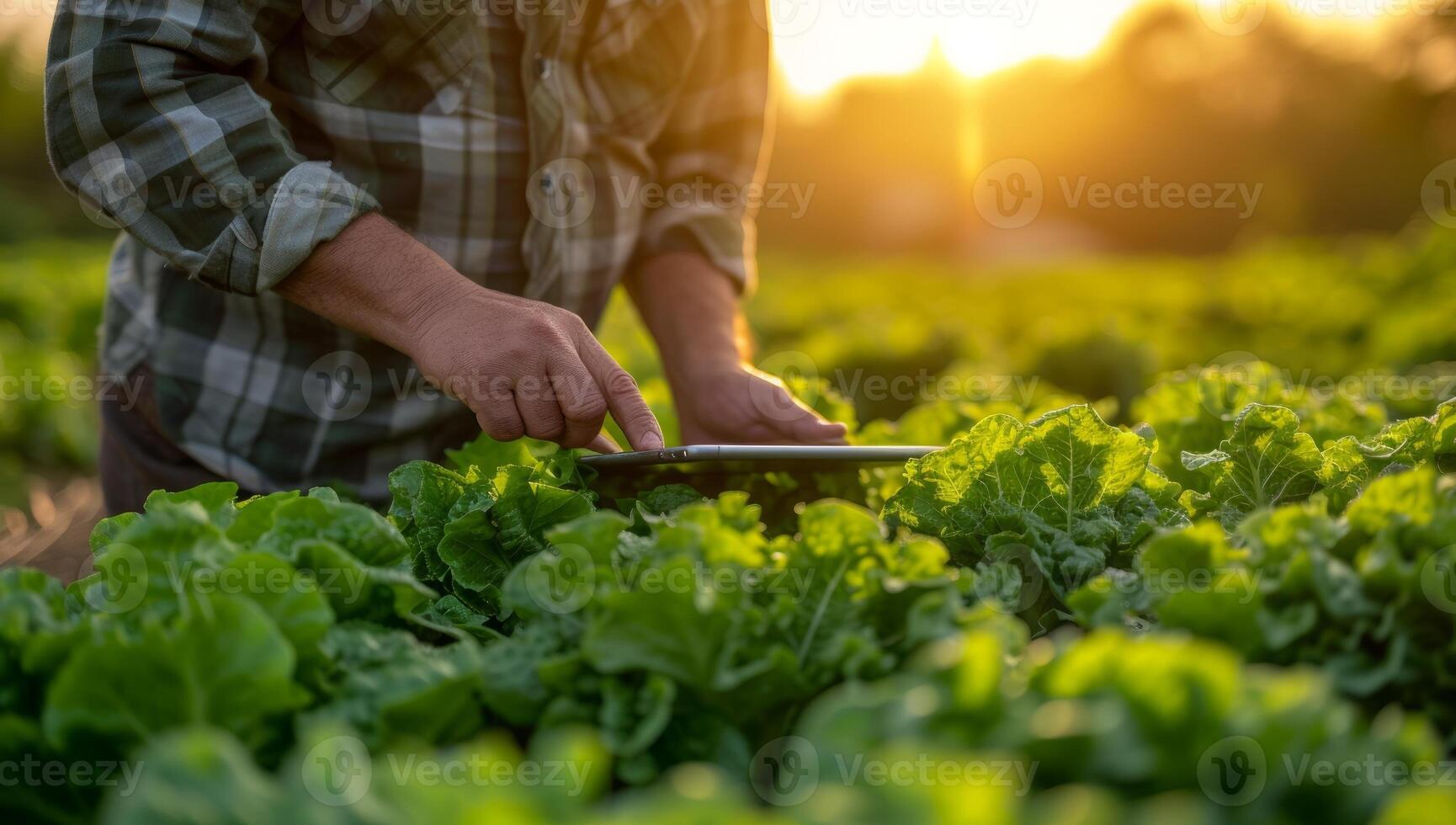 AI generated Farmer inspecting organic lettuce crop at sunset. Hands of agricultural worker examining fresh leafy vegetables. Concept of sustainable farming, harvest season, and healthy nutrition. photo