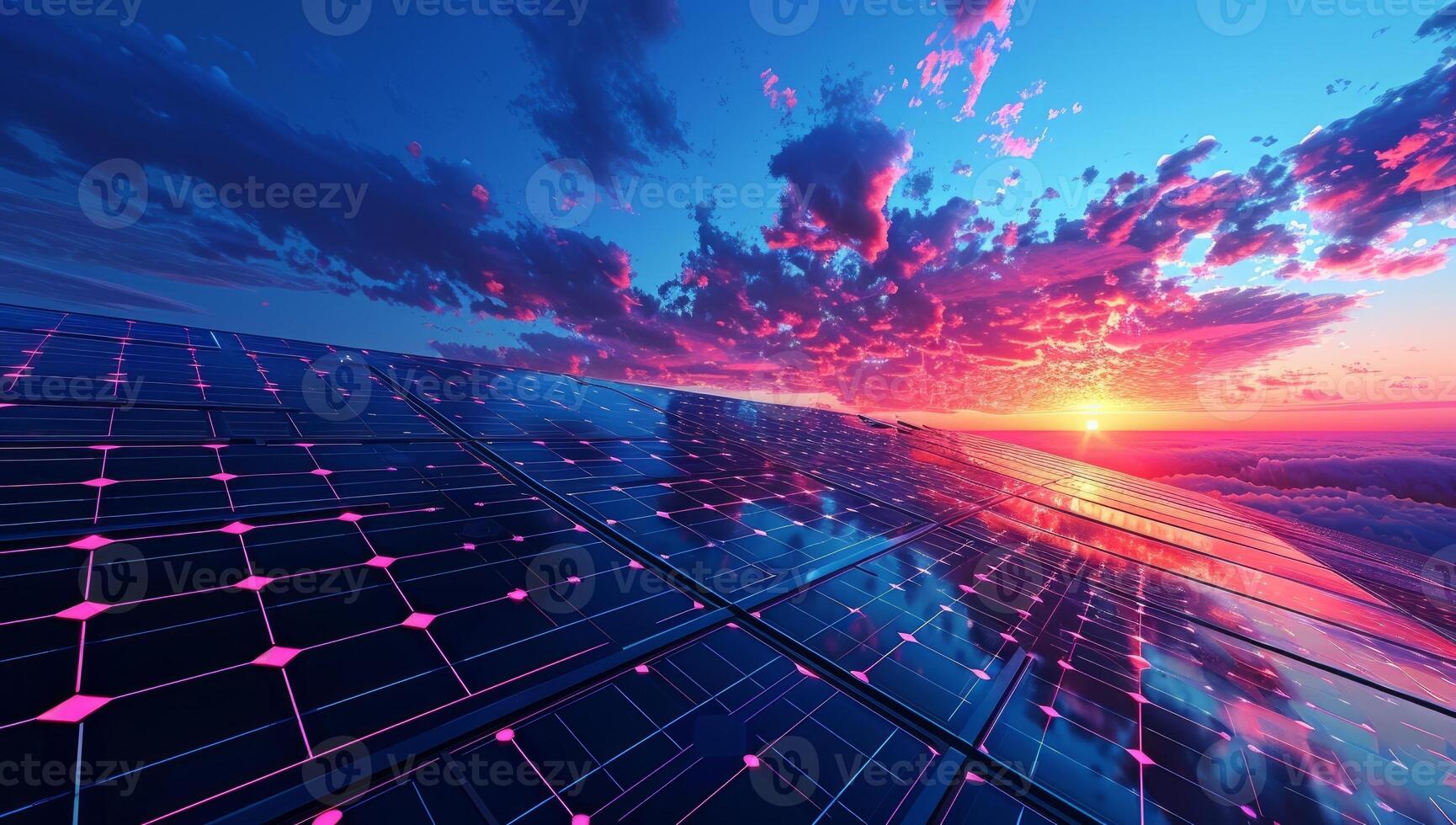 AI generated Renewable solar energy farm with photovoltaic panels at vivid sunset sky. Sustainable clean power generation and eco friendly technology concept photo