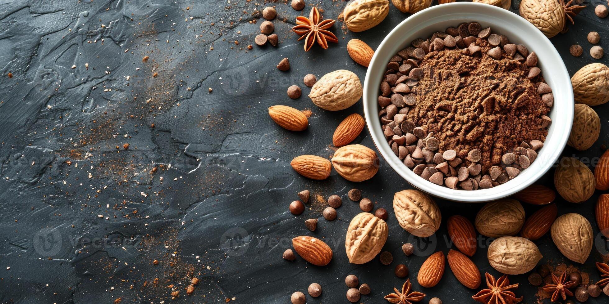 AI generated Cocoa powder in a bowl with nuts on a dark background. photo