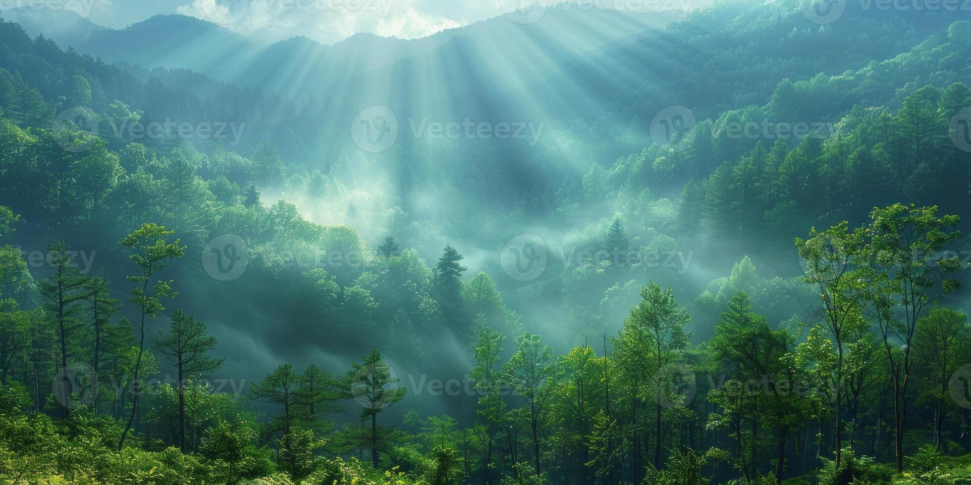 AI generated Misty morning in the mountains. Panoramic view of misty forest. photo