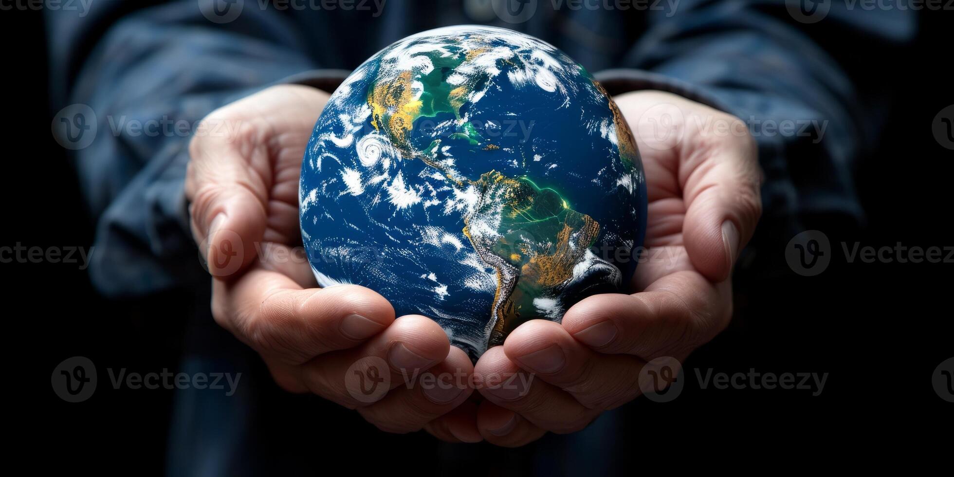 AI generated Hands holding planet Earth representing environmental protection and global responsibility. Concept of sustainability, eco consciousness and caring for the world. photo