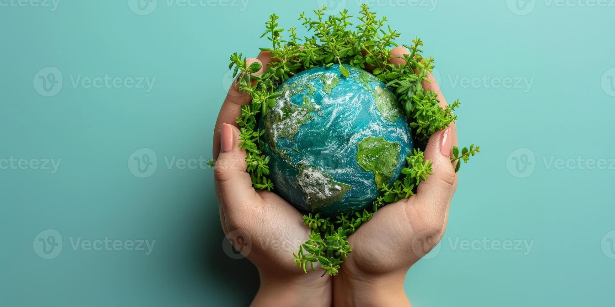 ai generado manos participación verde planeta tierra globo con plantas. ambiental conservación y sustentabilidad concepto. foto