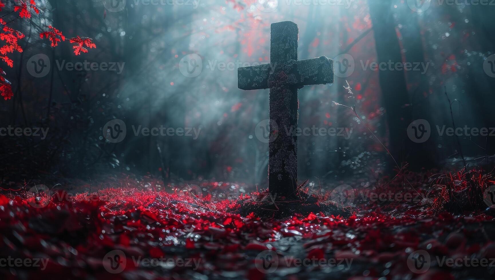 AI generated Tombstone in a misty forest photo