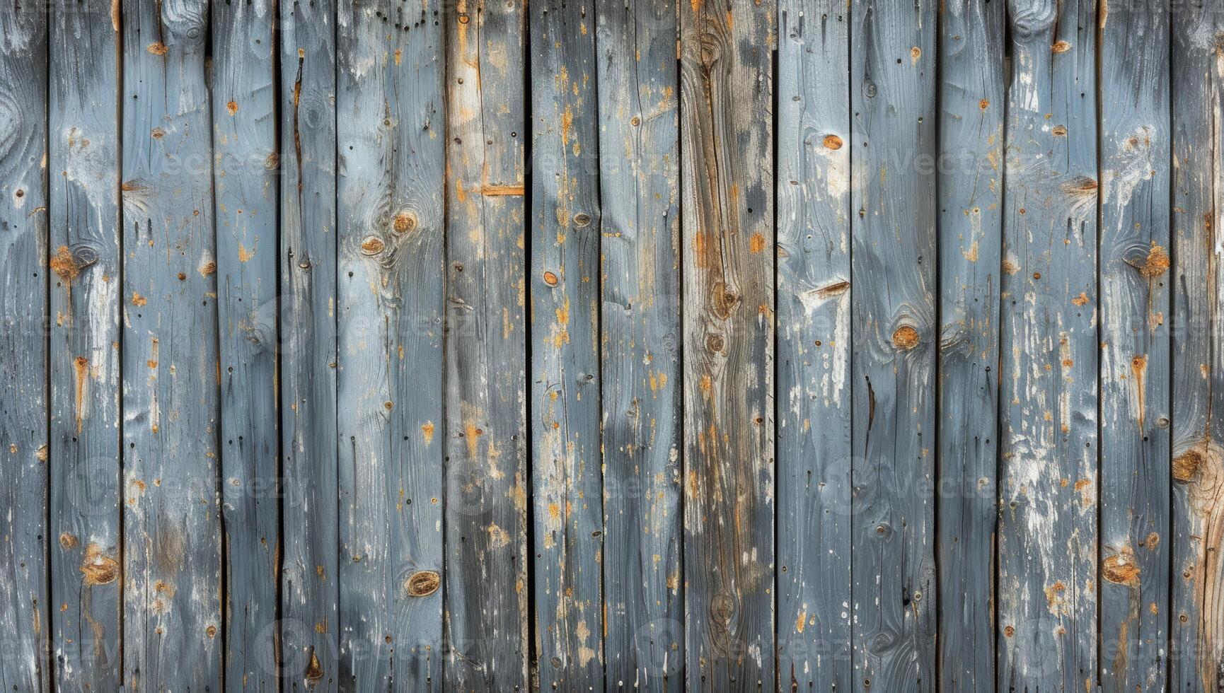 AI generated Rustic weathered wooden fence texture background. Aged blue gray wood planks with peeling paint and nail holes. photo
