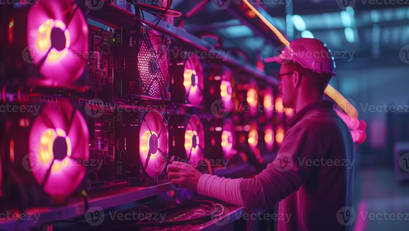 AI generated Engineer working on the computer in the server room at the factory. photo