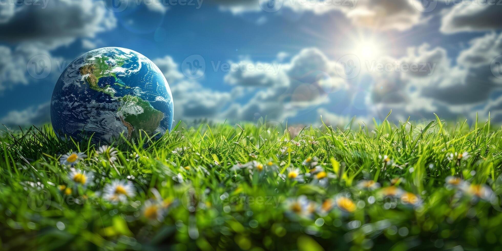 AI generated Earth globe on green meadow with flowers under blue sky. Concept of environmental protection, sustainability, and eco friendly living. photo