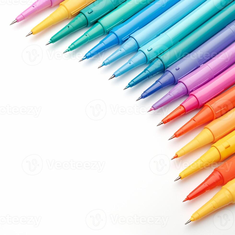 AI generated Bright and bold Colorful pens on white with free space For Social Media Post Size photo