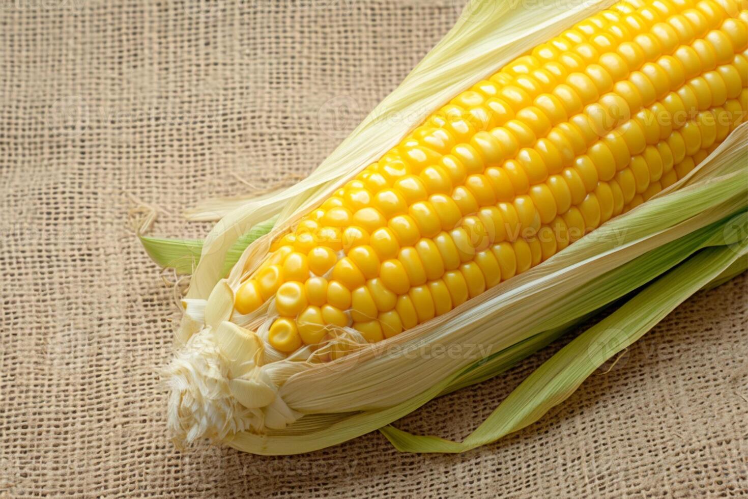 AI generated Close up side view of a corn cob on a sackcloth photo