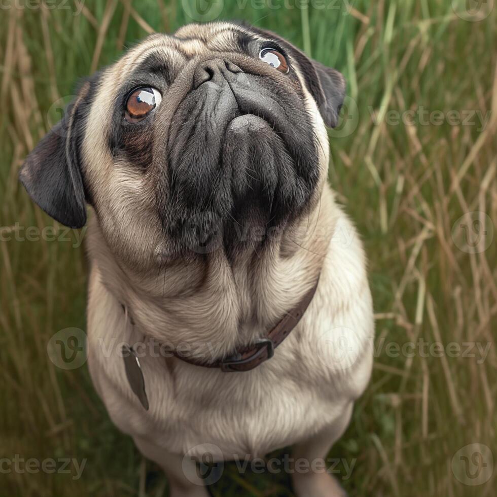 AI generated Senior canine serenity Quality photo of an aged pug outdoors For Social Media Post Size