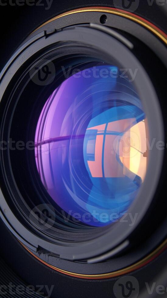 AI generated Colorful reflection Close up of a camera lens with vibrant hues Vertical Mobile Wallpaper photo