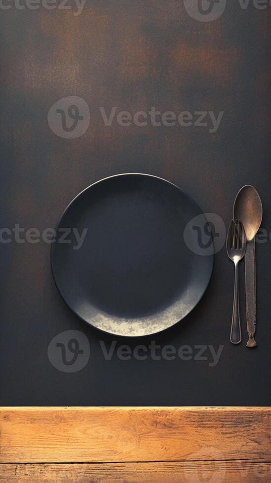 AI generated Table setting Top view of an empty black plate, utensils Vertical Mobile Wallpaper photo