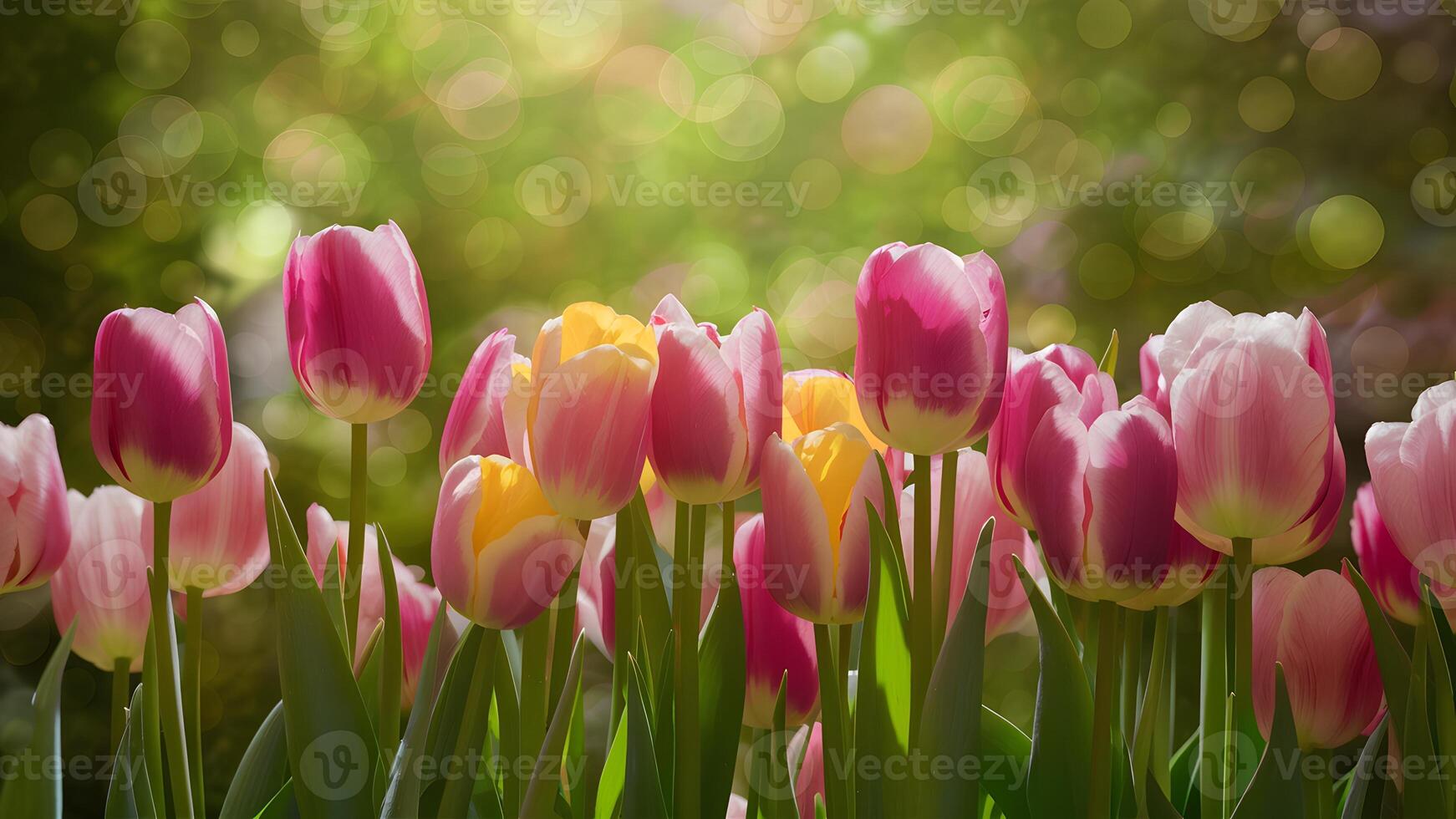 AI generated Bright spring tulips create floral background with captivating bokeh photo