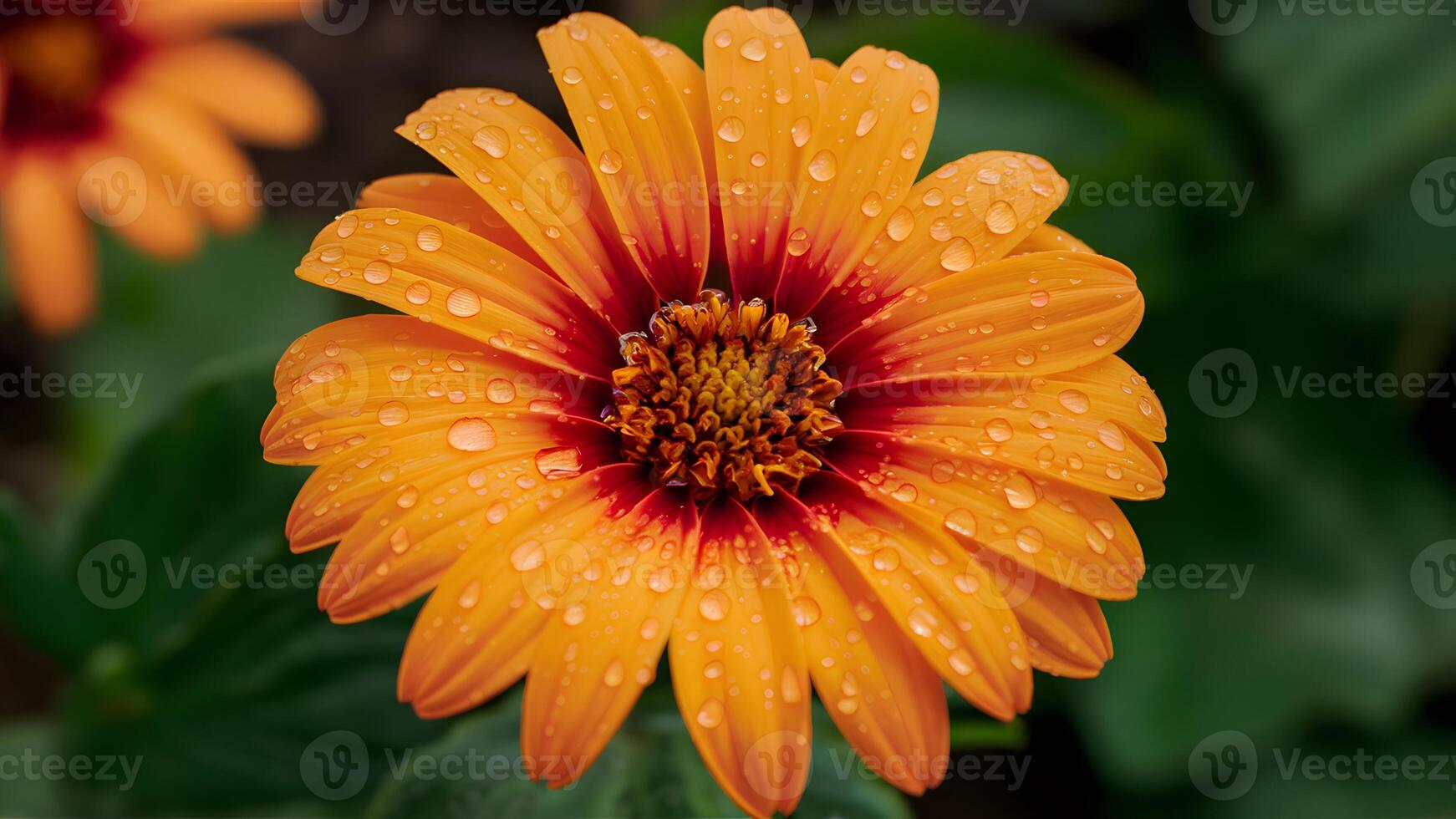 AI generated Rain droplets collect on orange flower petals, bright garden background photo