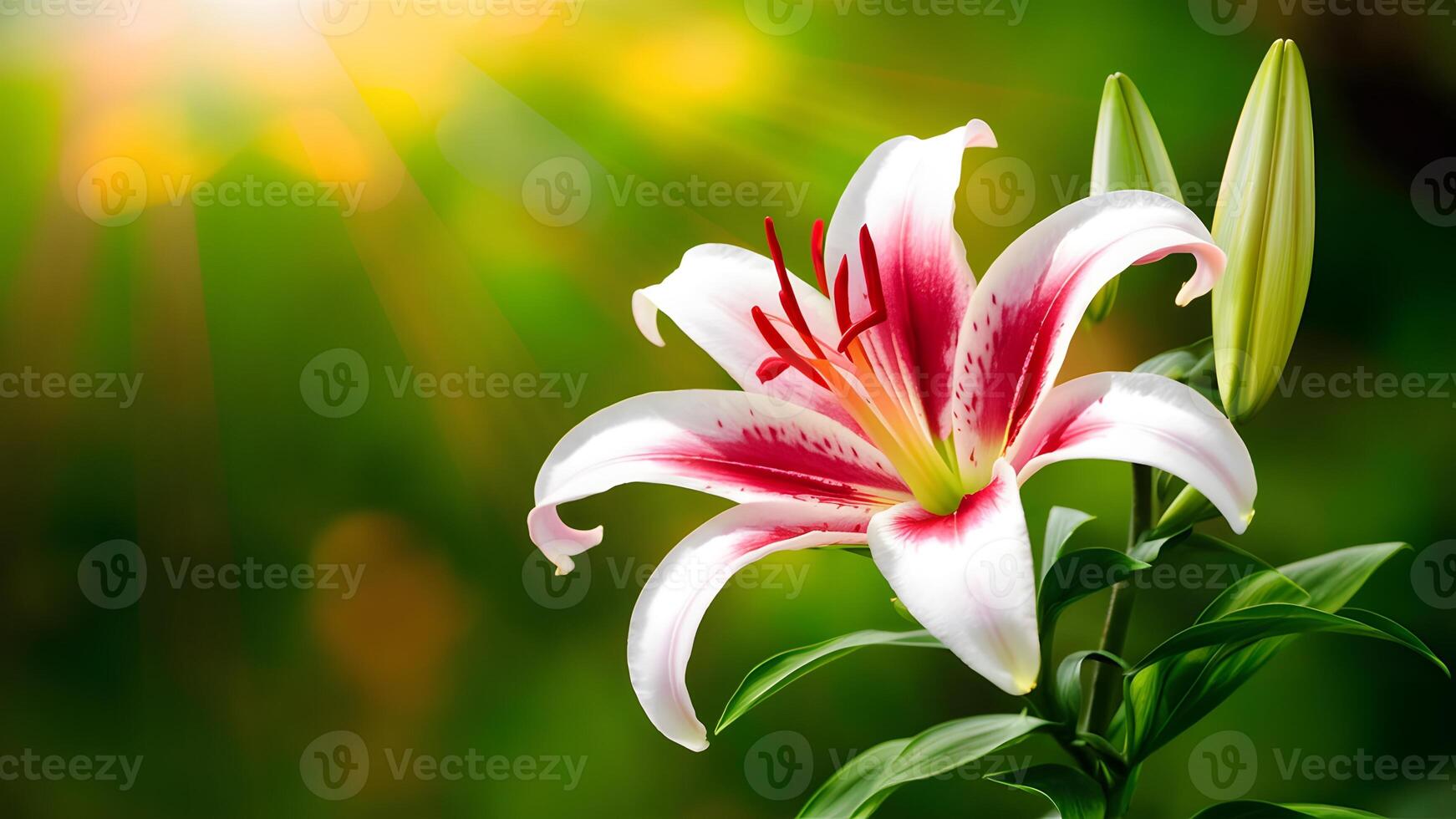 ai generado lirio flor brillante debajo sol, Destacados en fondo de pantalla antecedentes foto