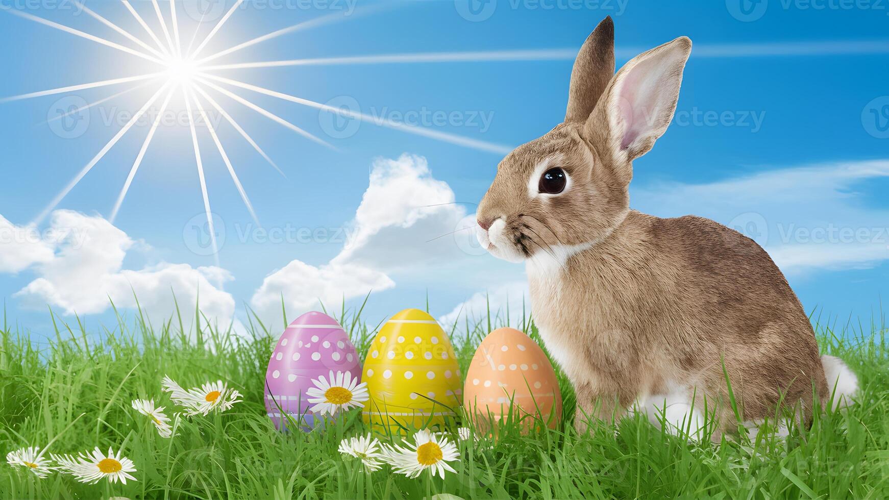 AI generated Easter bunny, eggs, spring flower art on sunny background photo