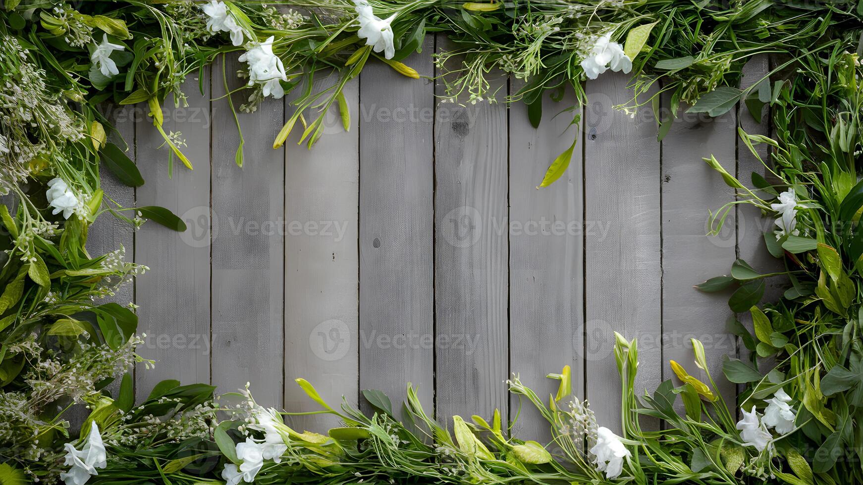 AI generated Wooden fence background adorned with fresh spring greens, white flowers photo