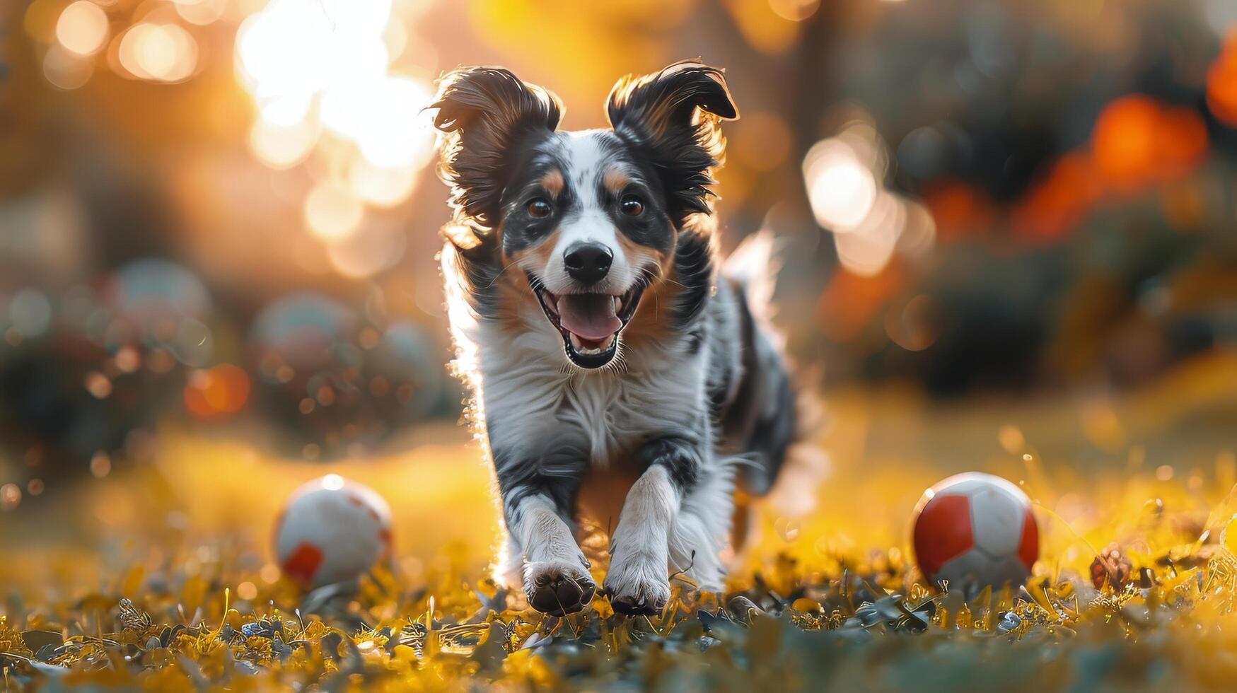 AI generated Dog Running Across Wooden Bridge in Fall photo