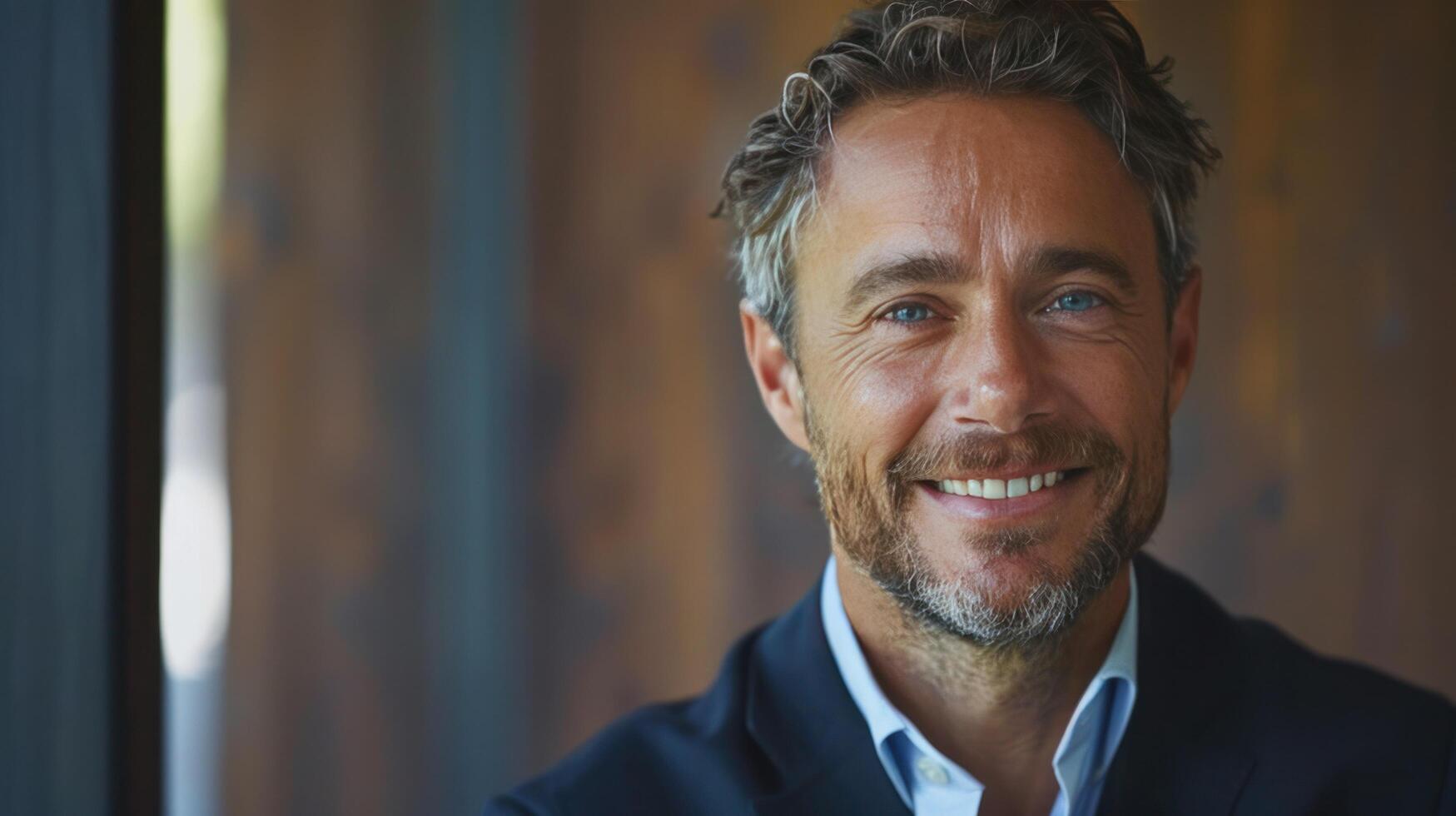 AI generated A charming CEO's smile fills the portrait, off-center composition providing ample copyspace photo