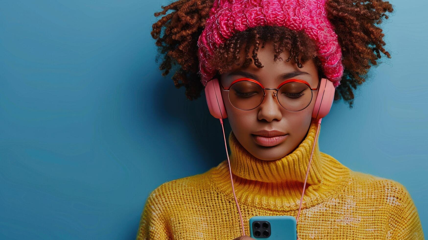 AI generated A stylish and carefree woman is enjoying music through headphones on her smartphone photo