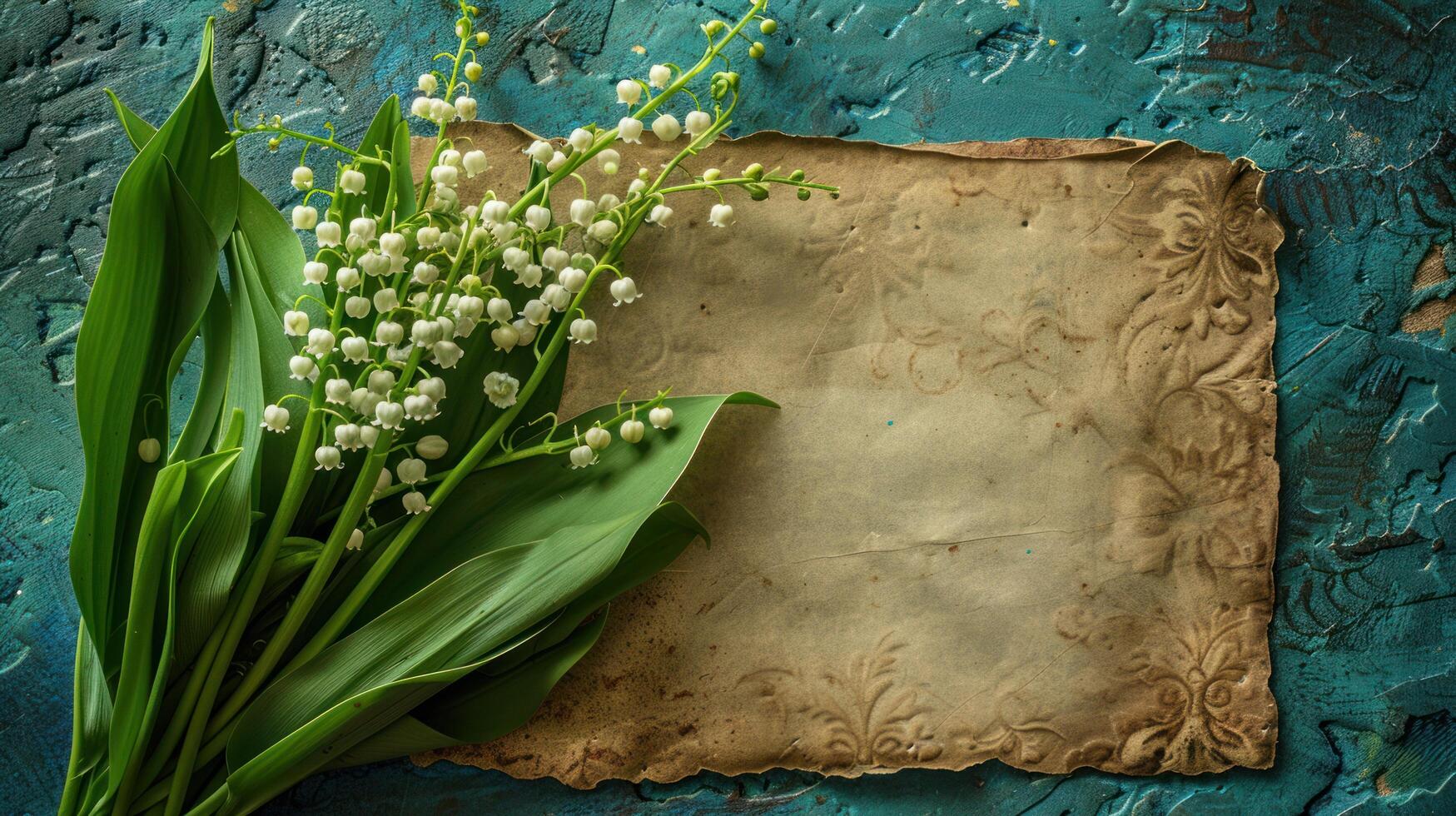 AI generated A bouquet of lily of the valley flowers and a blank sheet of paper on a turquoise rustic table viewed from above photo