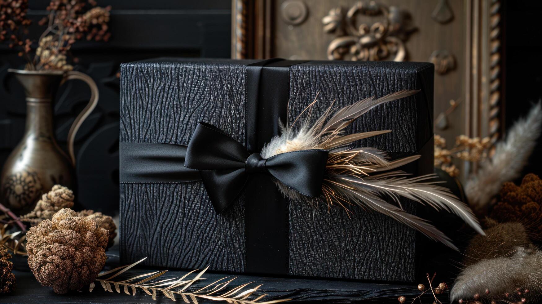 AI generated A black gift box set against a dark contrasting background, adorned with a textured bow and feathers photo